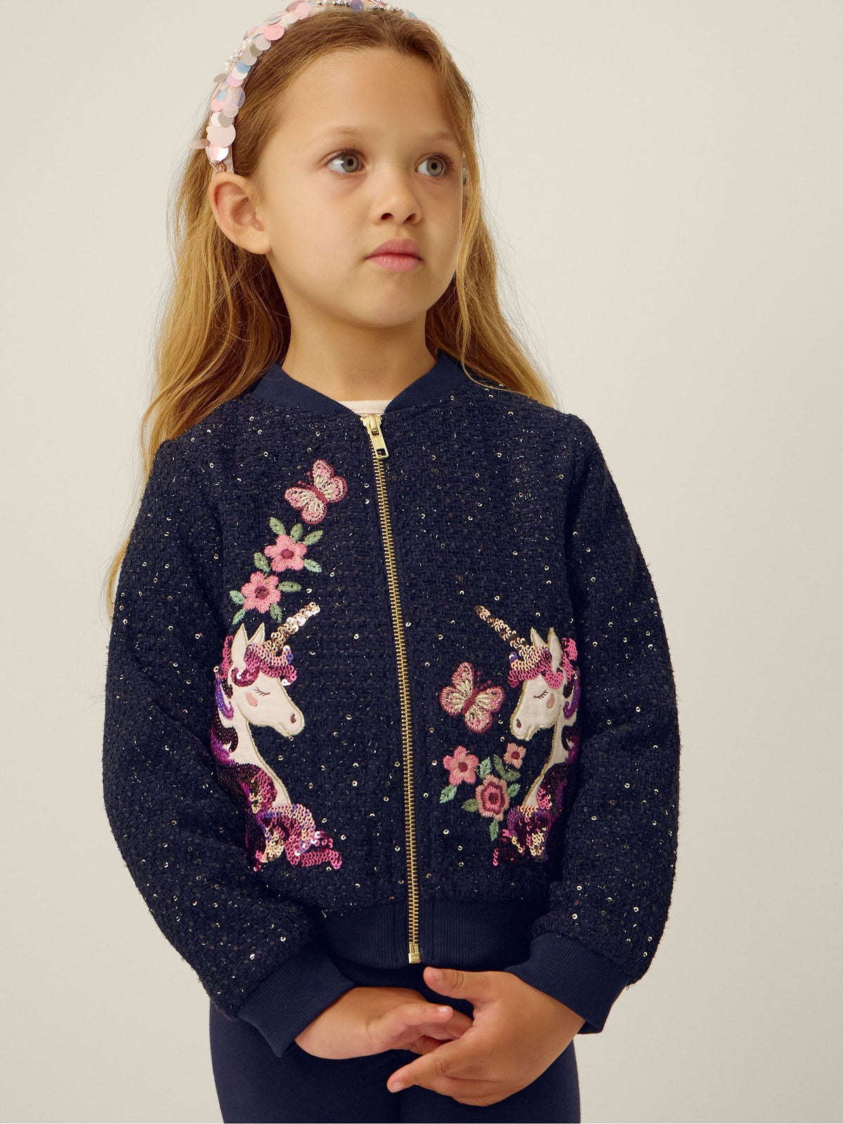 Monsoon Blue Sequin Unicorn Woven Bomber Jacket