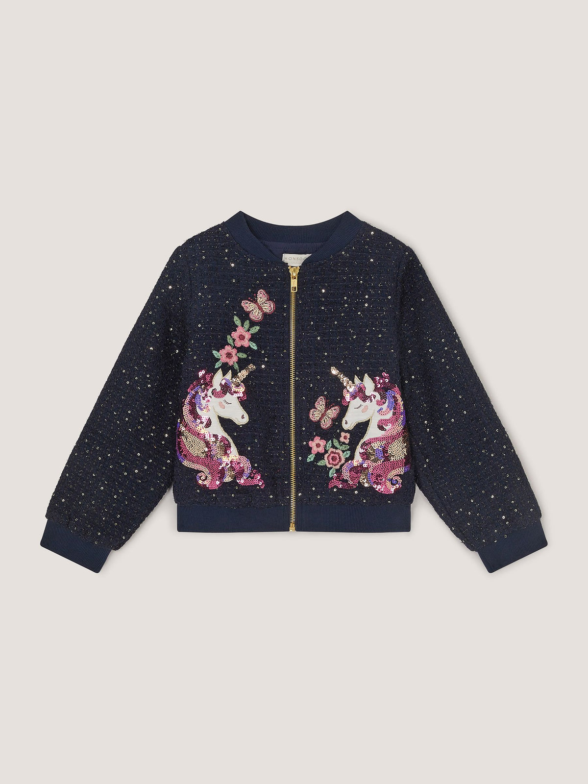 Monsoon Blue Sequin Unicorn Woven Bomber Jacket