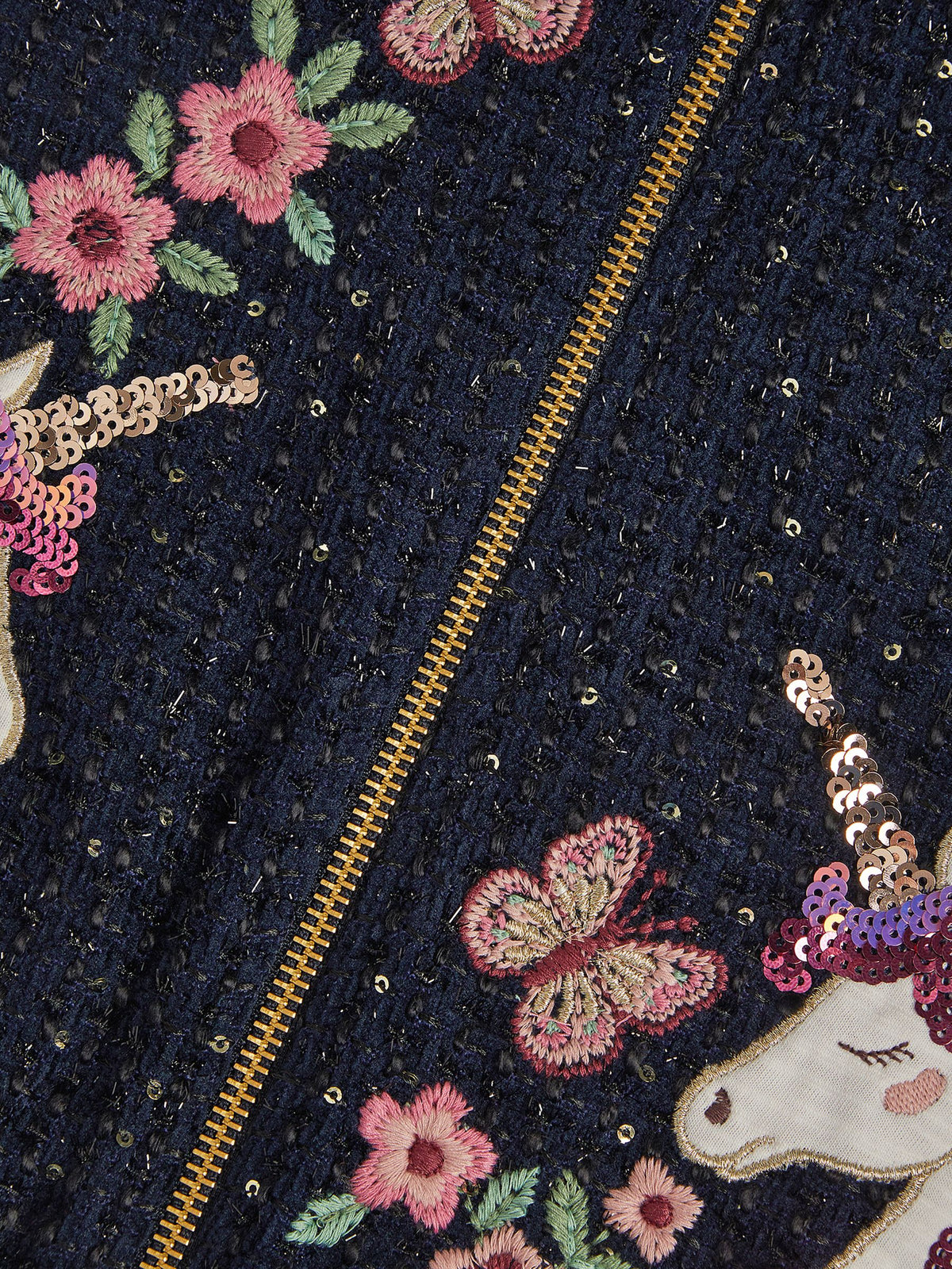 Monsoon Blue Sequin Unicorn Woven Bomber Jacket