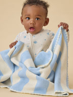MORI Blue Supersoft Striped Blanket with Embroidery Stitch