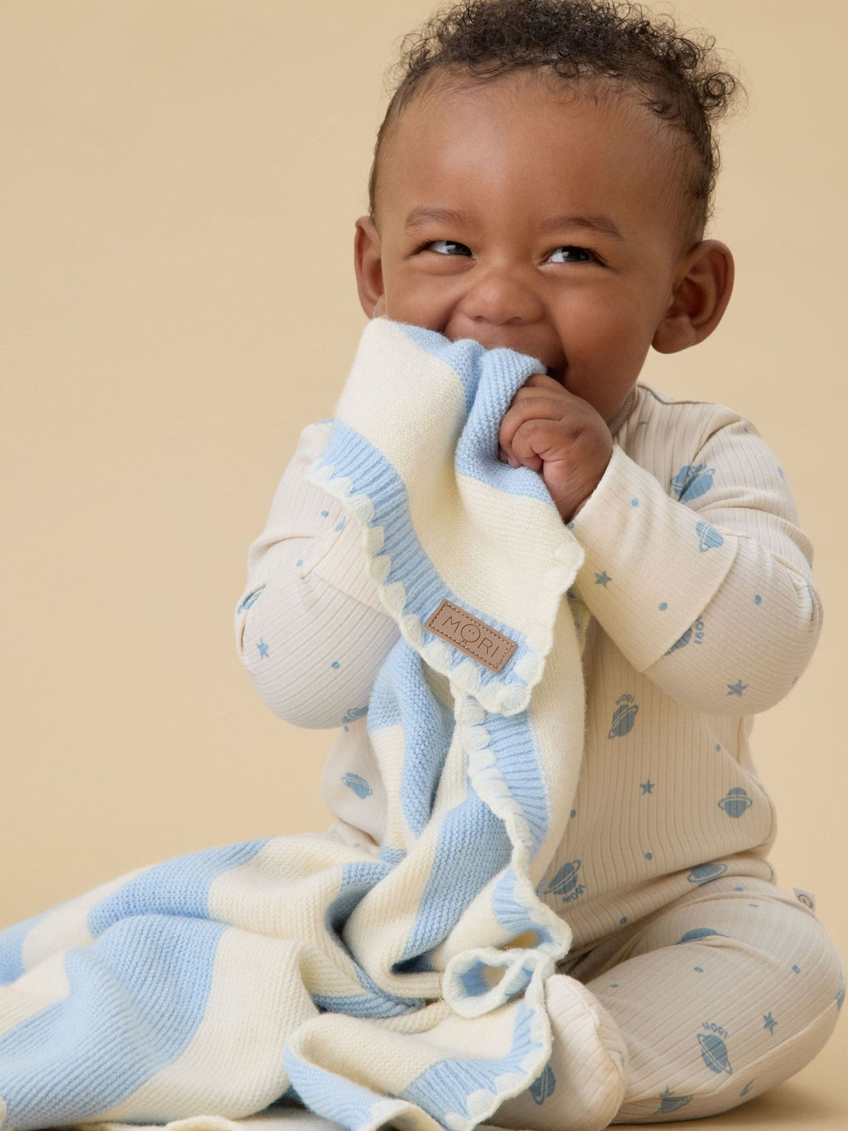 MORI Blue Supersoft Striped Blanket with Embroidery Stitch