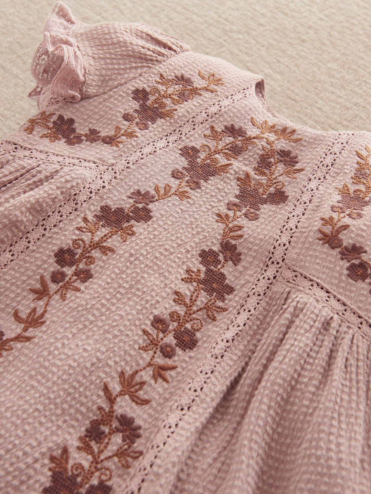 Mamas & Papas Pink Floral Embroidered Lace Trim Dress