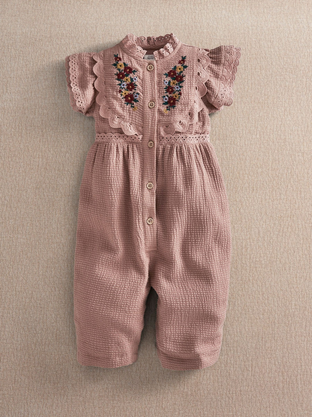 Mamas & Papas Pink Floral Embroidered Romper With Frill Sleeves