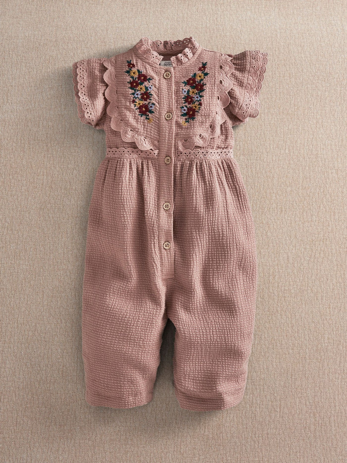 Mamas & Papas Pink Floral Embroidered Romper With Frill Sleeves