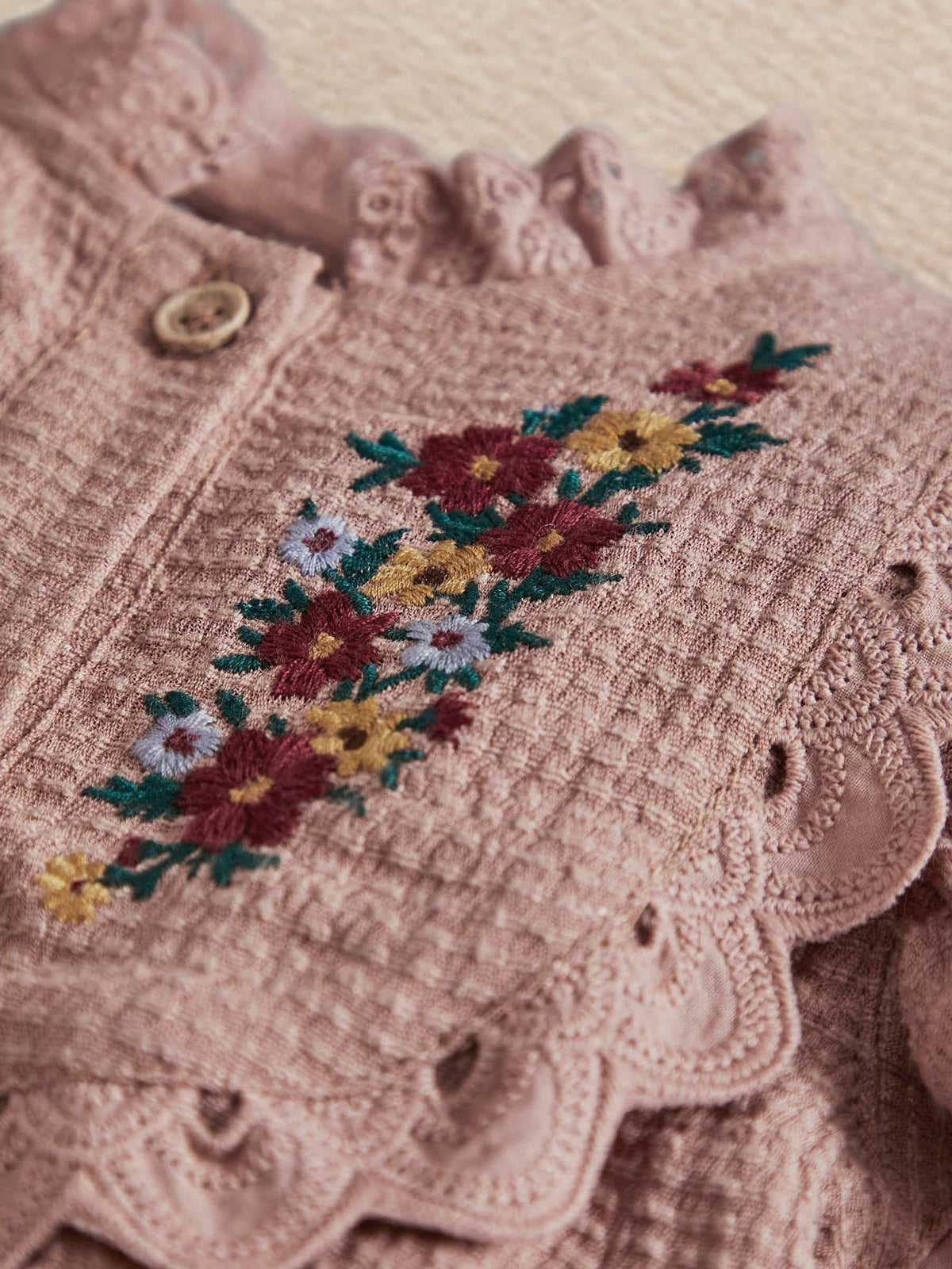 Mamas & Papas Pink Floral Embroidered Romper With Frill Sleeves