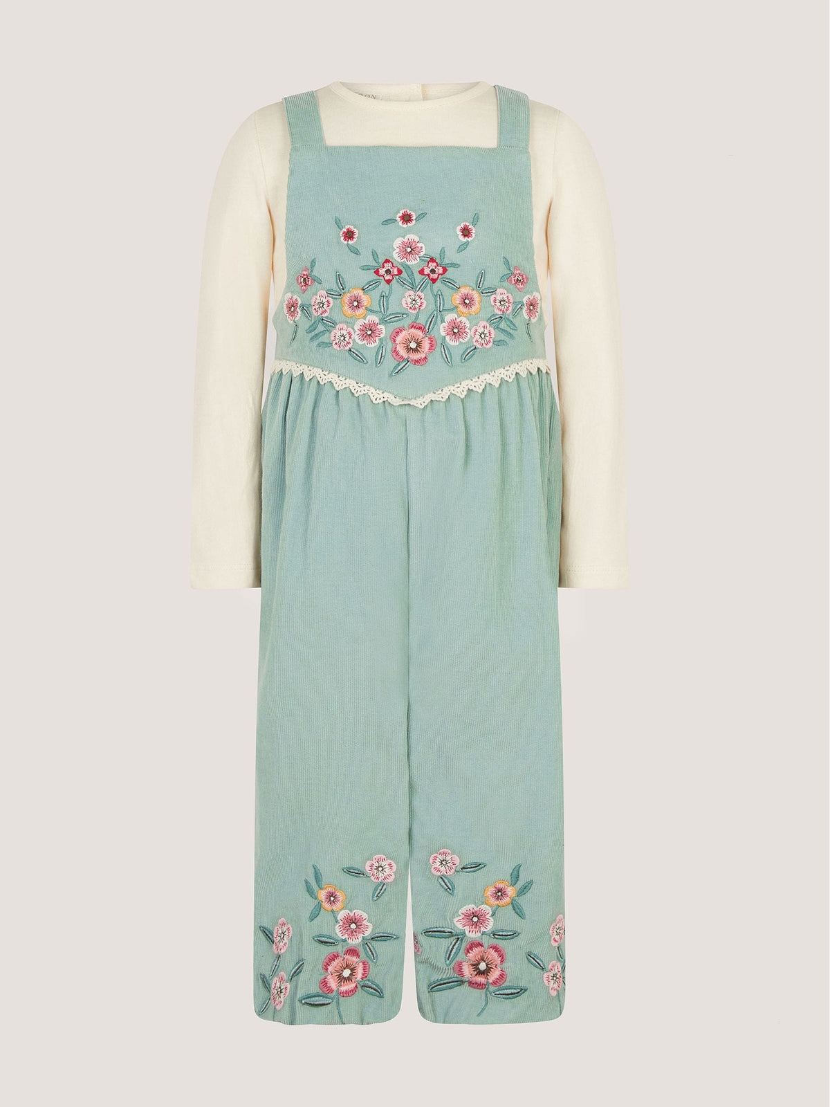Monsoon Green Baby Top & Embroidered Corduroy Dungarees Set