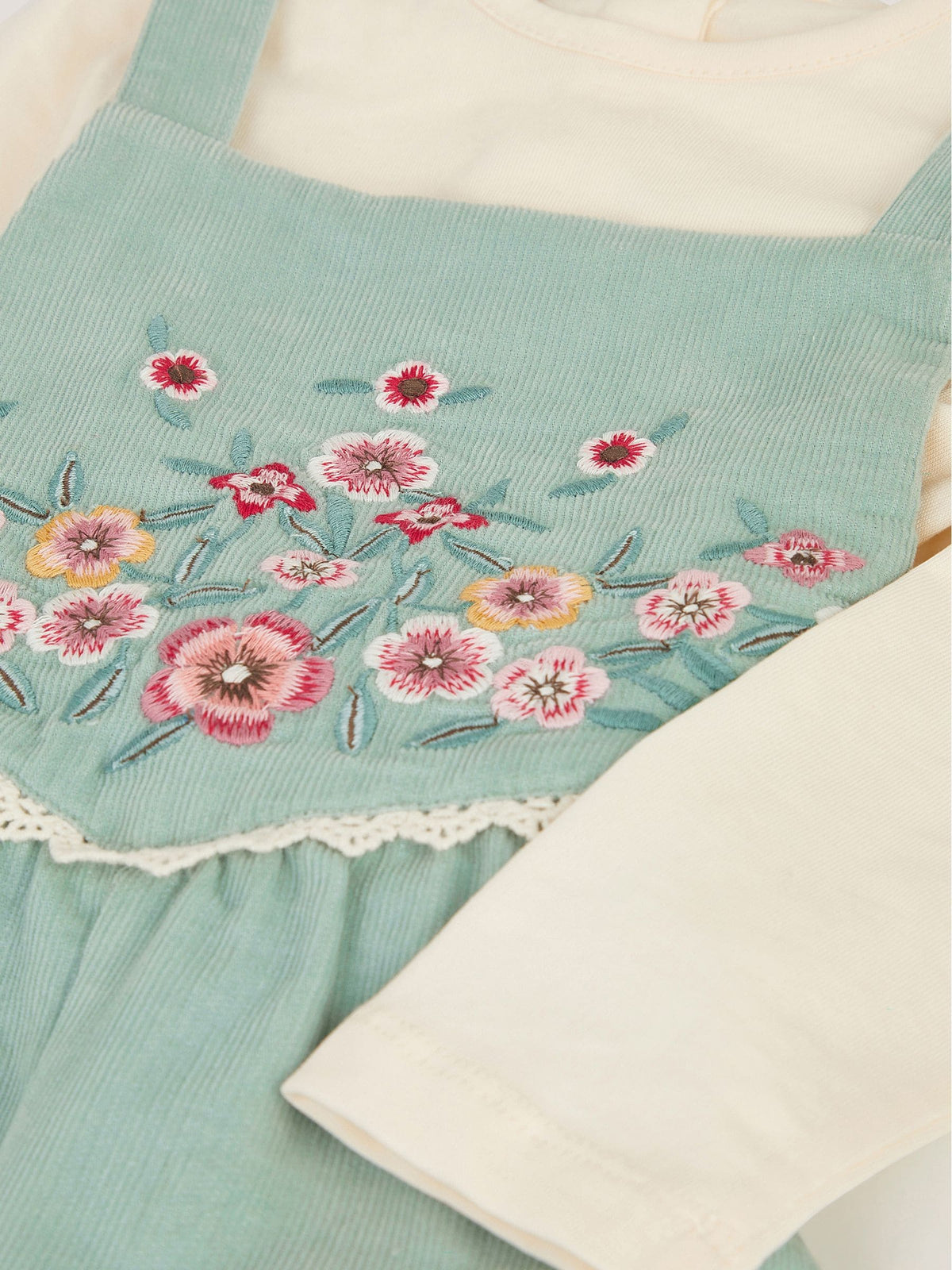 Monsoon Green Baby Top & Embroidered Corduroy Dungarees Set