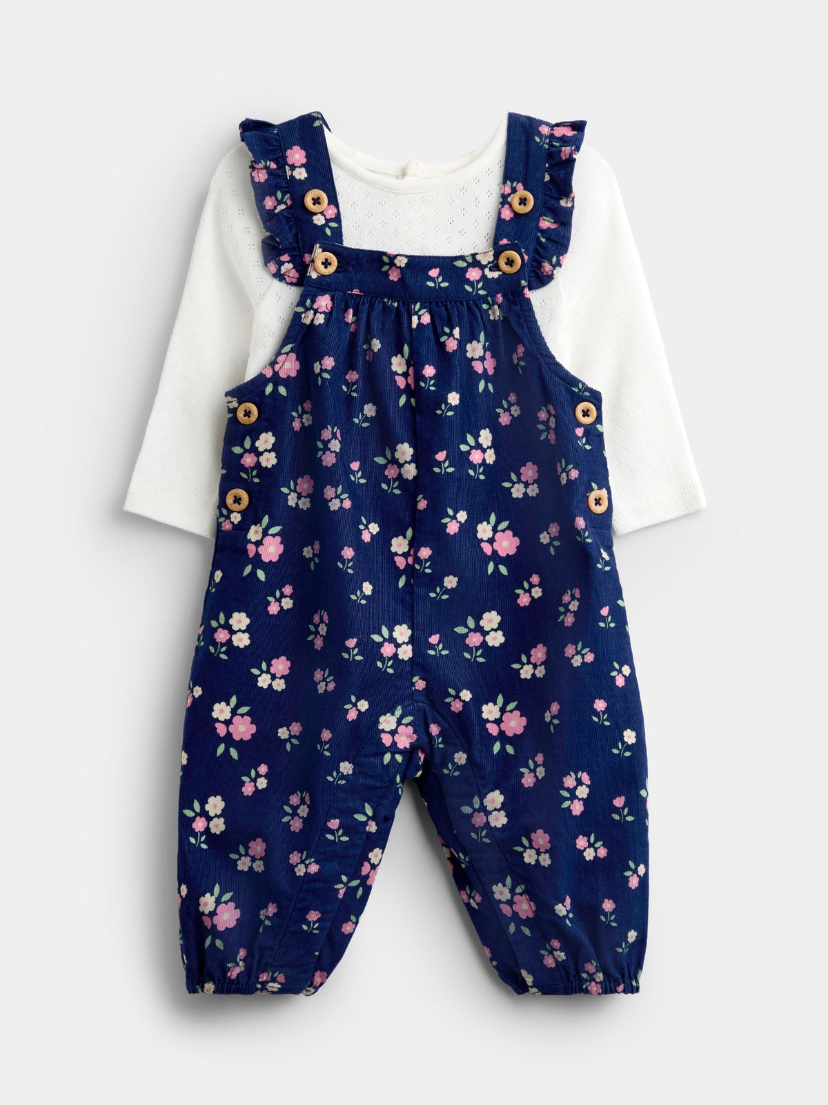 JoJo Maman Bébé Navy Blue Floral Cord Dungarees & Body Set