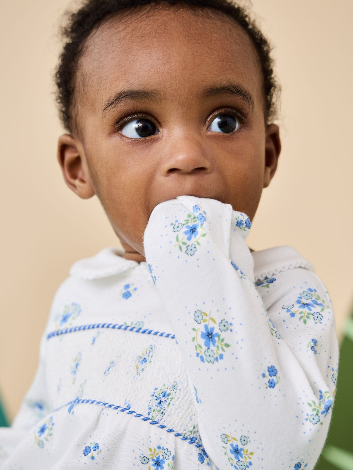 JoJo Maman Bébé Blue Floral Smocked Footed Sleepsuit