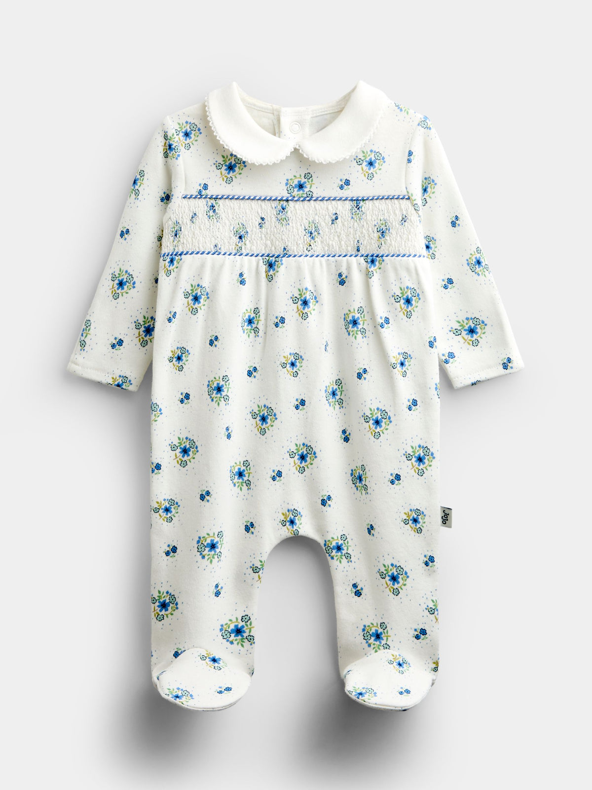 JoJo Maman Bébé Blue Floral Smocked Footed Sleepsuit