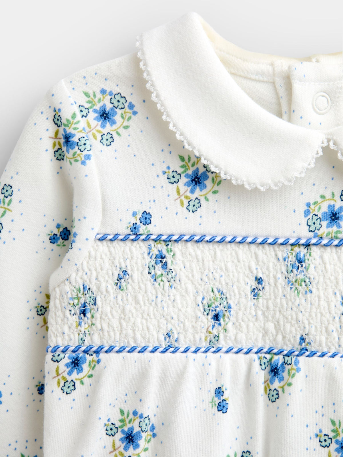 JoJo Maman Bébé Blue Floral Smocked Footed Sleepsuit