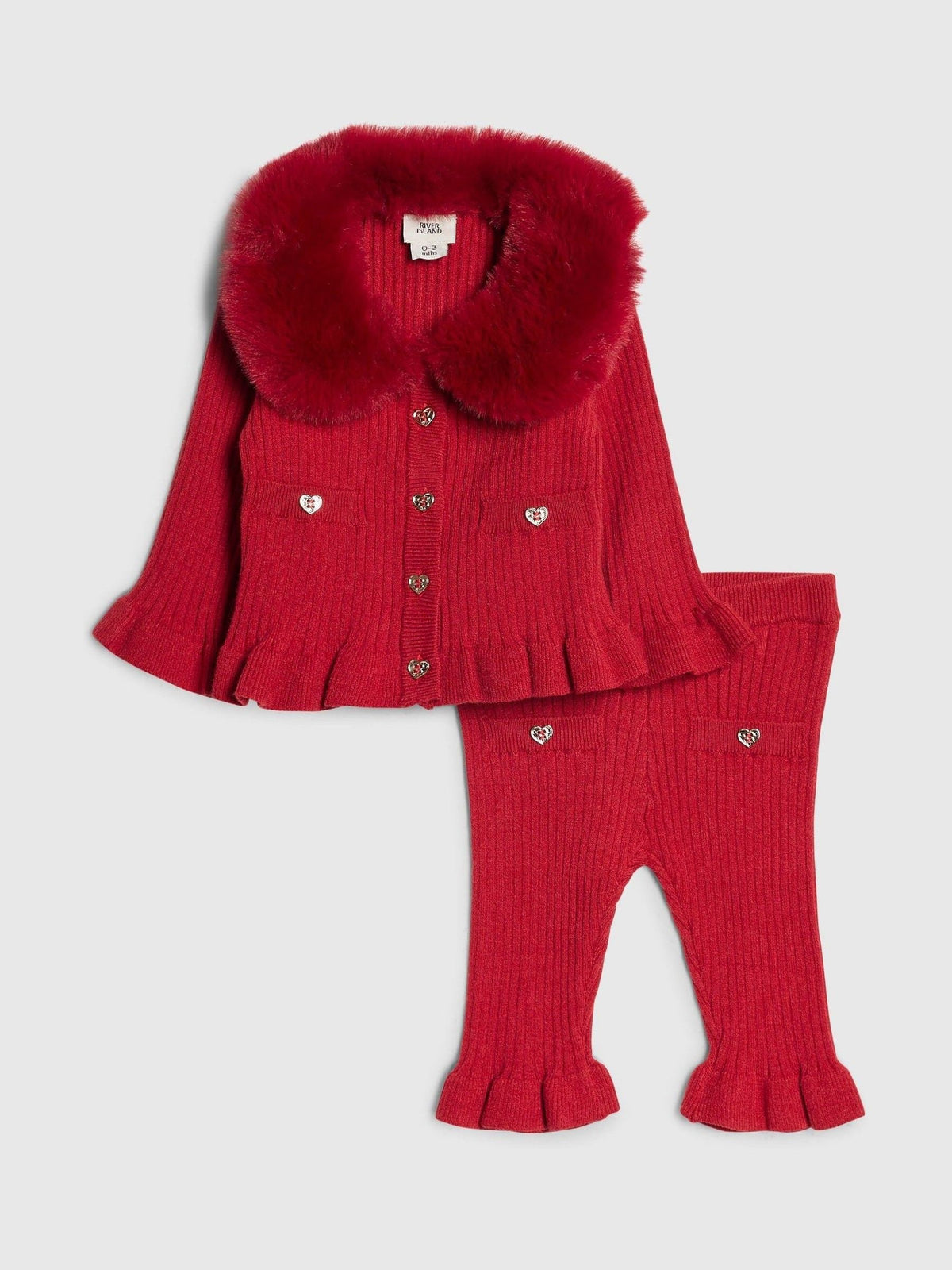 River Island Red Faux Fur Collar Cardigan & Leggings Set