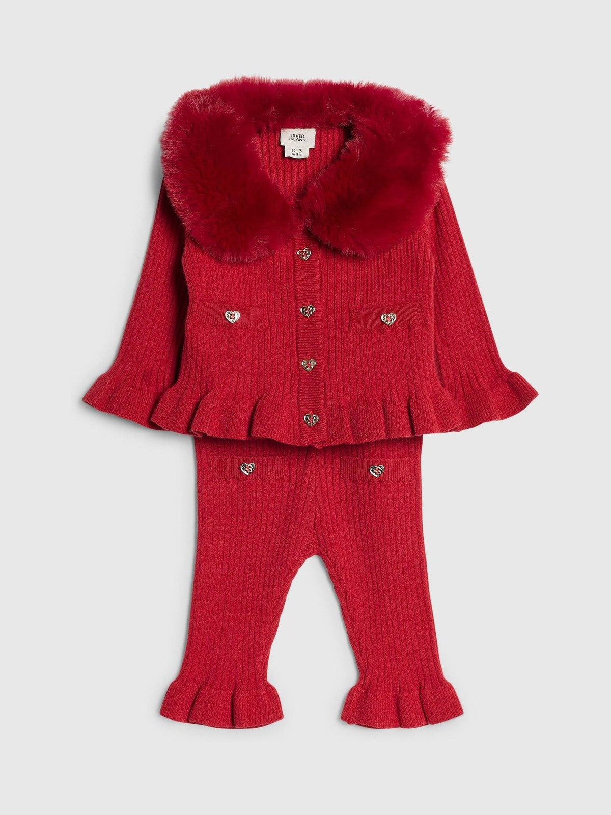 River Island Red Faux Fur Collar Cardigan & Leggings Set