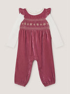 Monsoon Pink Baby Top & Smocked Velvet Dungarees Set