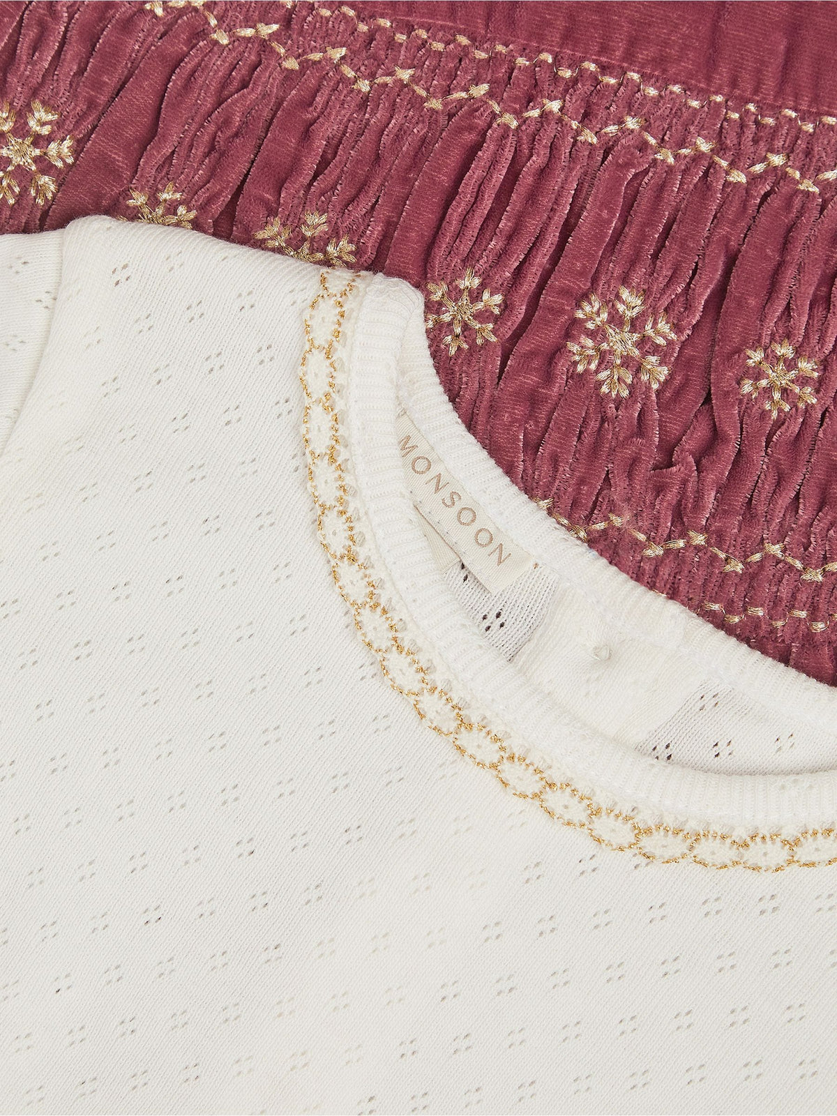 Monsoon Pink Baby Top & Smocked Velvet Dungarees Set
