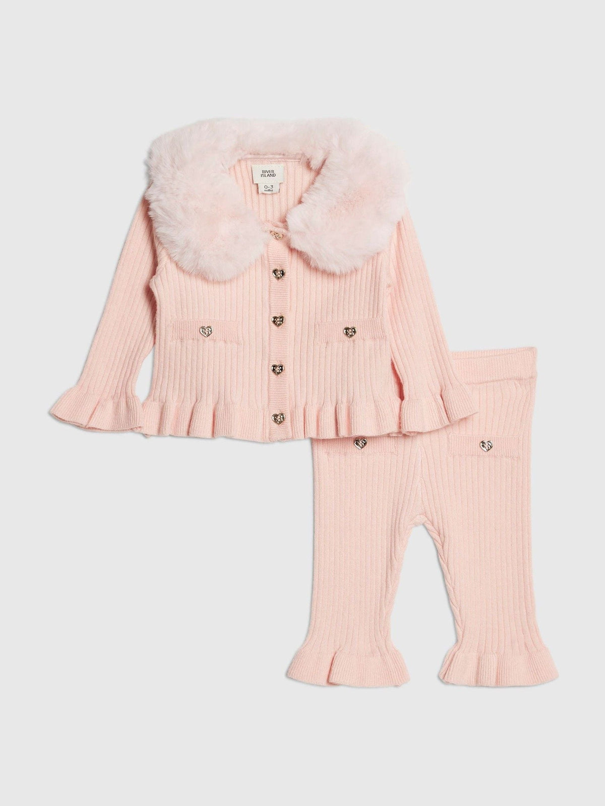 River Island Pink Faux Fur Collar Cardigan & Trousers Set