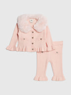 River Island Pink Faux Fur Collar Cardigan & Trousers Set