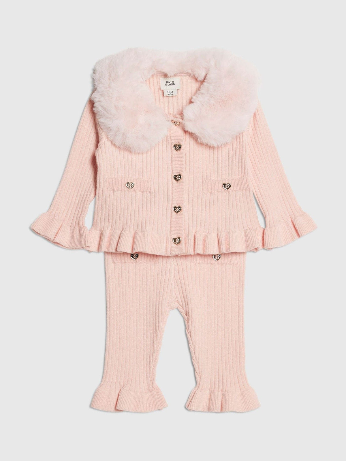 River Island Pink Faux Fur Collar Cardigan & Trousers Set