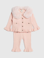 River Island Pink Faux Fur Collar Cardigan & Trousers Set