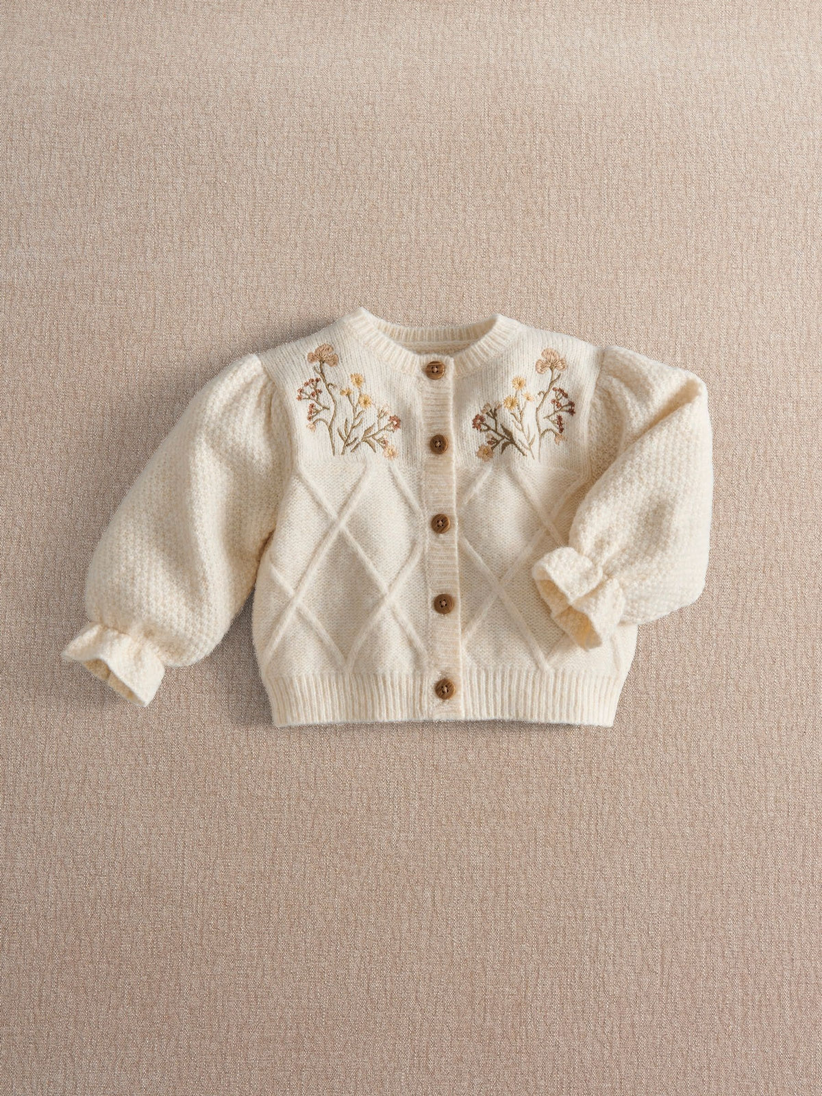 Mamas & Papas Cream Flower Embroidered Fancy Knitted Cardigan