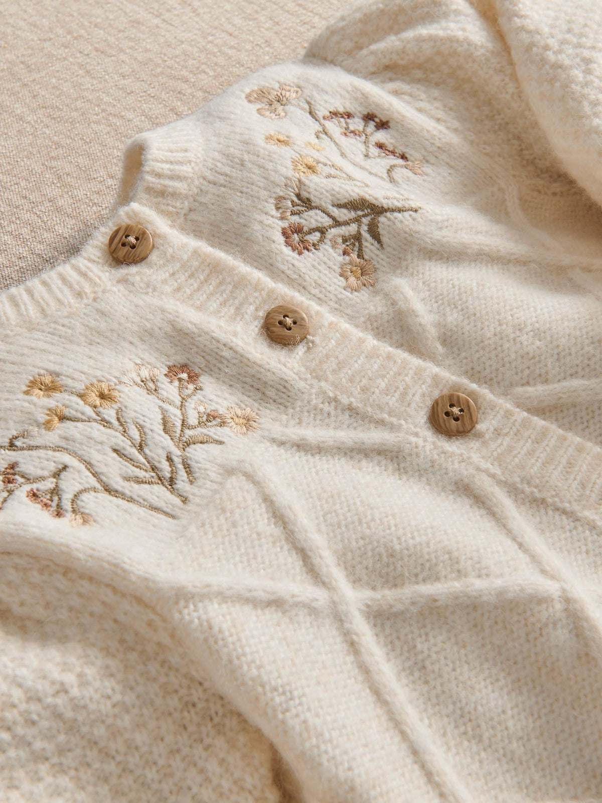 Mamas & Papas Cream Flower Embroidered Fancy Knitted Cardigan
