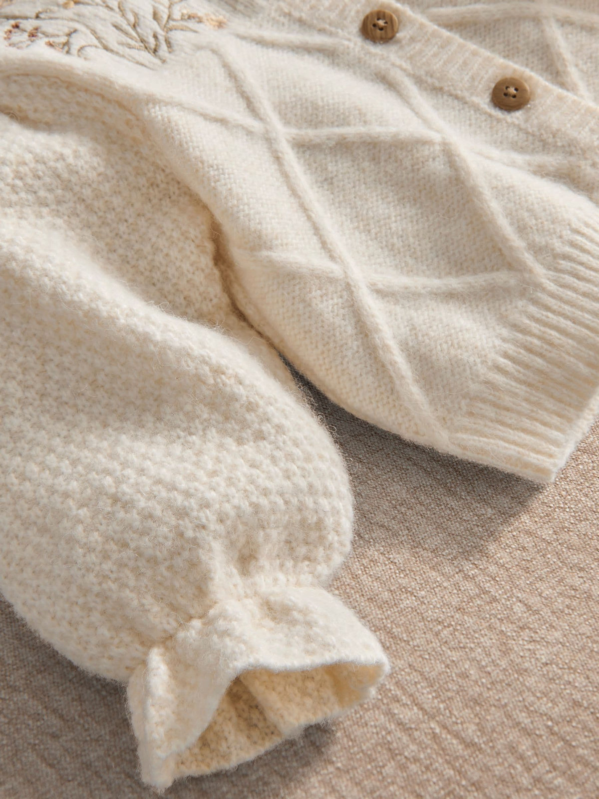 Mamas & Papas Cream Flower Embroidered Fancy Knitted Cardigan