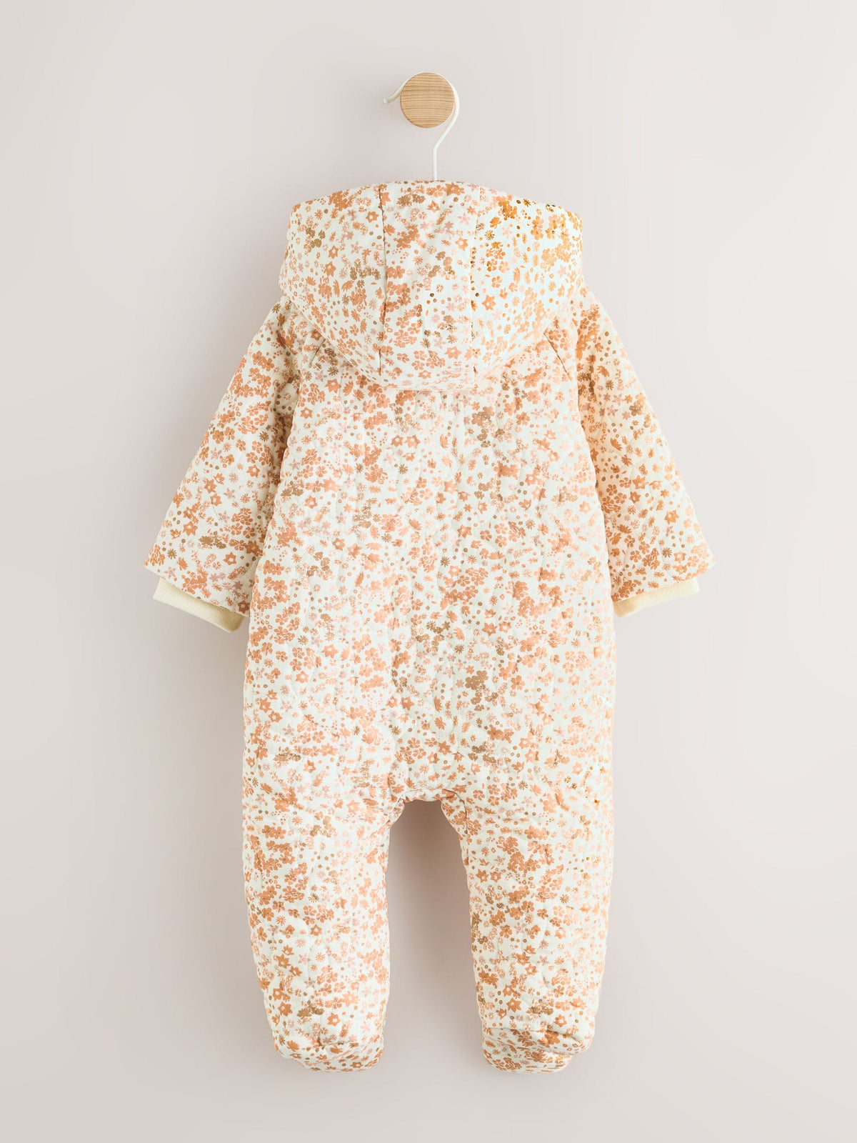 Ecru Floral Printed Baby Hooded Crinkle Woven Pramsuit (0mths-2yrs)