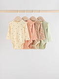 Blue/Cream/Coral Ditsy Baby Long Sleeve Frill Bodysuits 4 Pack (0mths-2yrs)