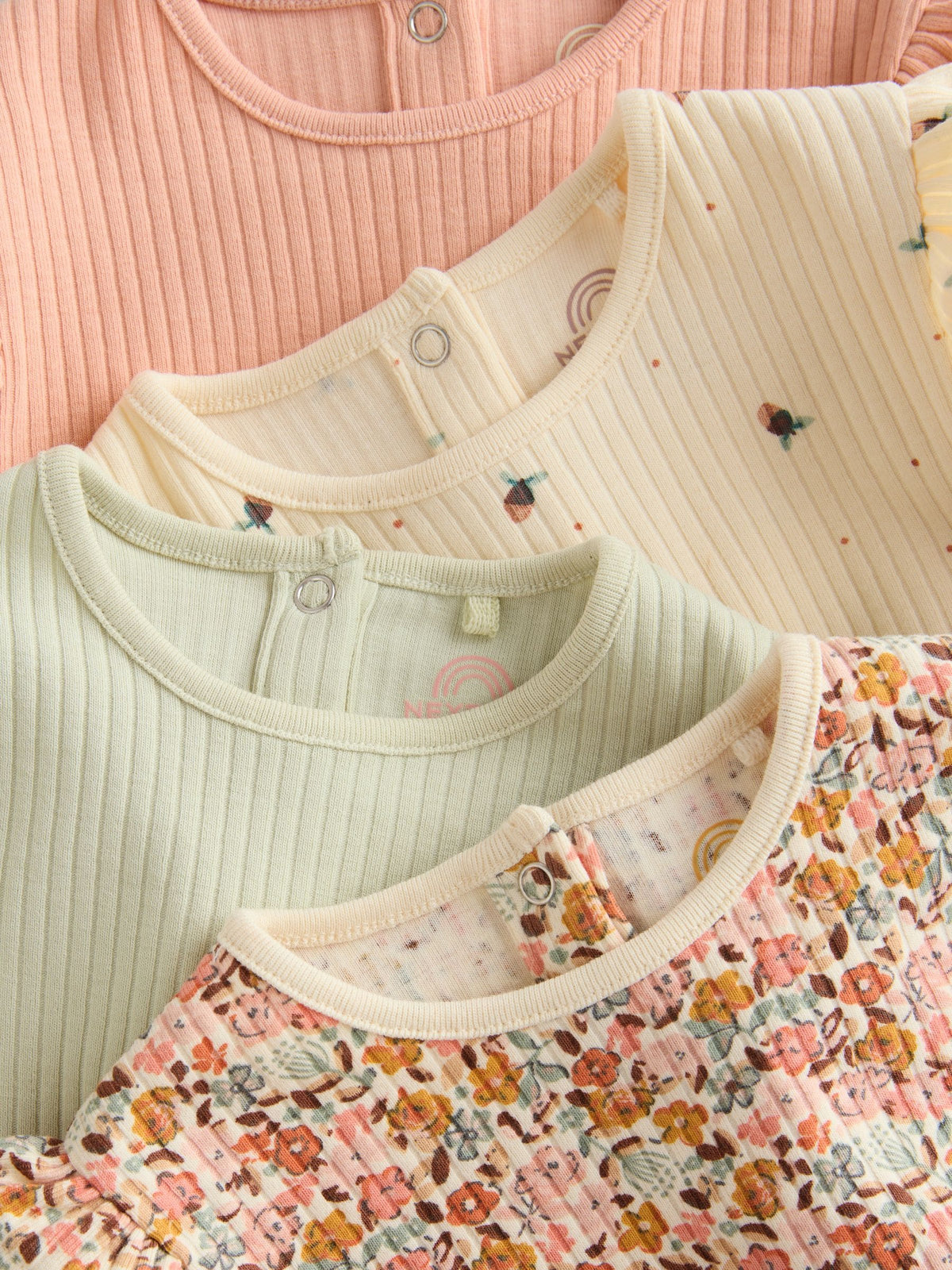 Blue/Cream/Coral Ditsy Baby Long Sleeve Frill Bodysuits 4 Pack (0mths-2yrs)