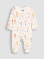 JoJo Maman Bébé Cream Hot Air Balloon Print Cotton Collared Footed Sleepsuit