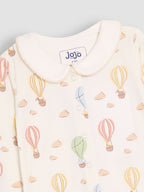 JoJo Maman Bébé Cream Hot Air Balloon Print Cotton Collared Footed Sleepsuit