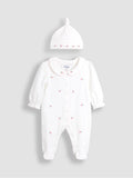 JoJo Maman Bébé Cream Cotton Collared 2-Piece Embroidered Sleepsuit and Hat Set
