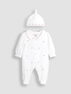 JoJo Maman Bébé Cream Cotton Collared 2-Piece Embroidered Sleepsuit and Hat Set