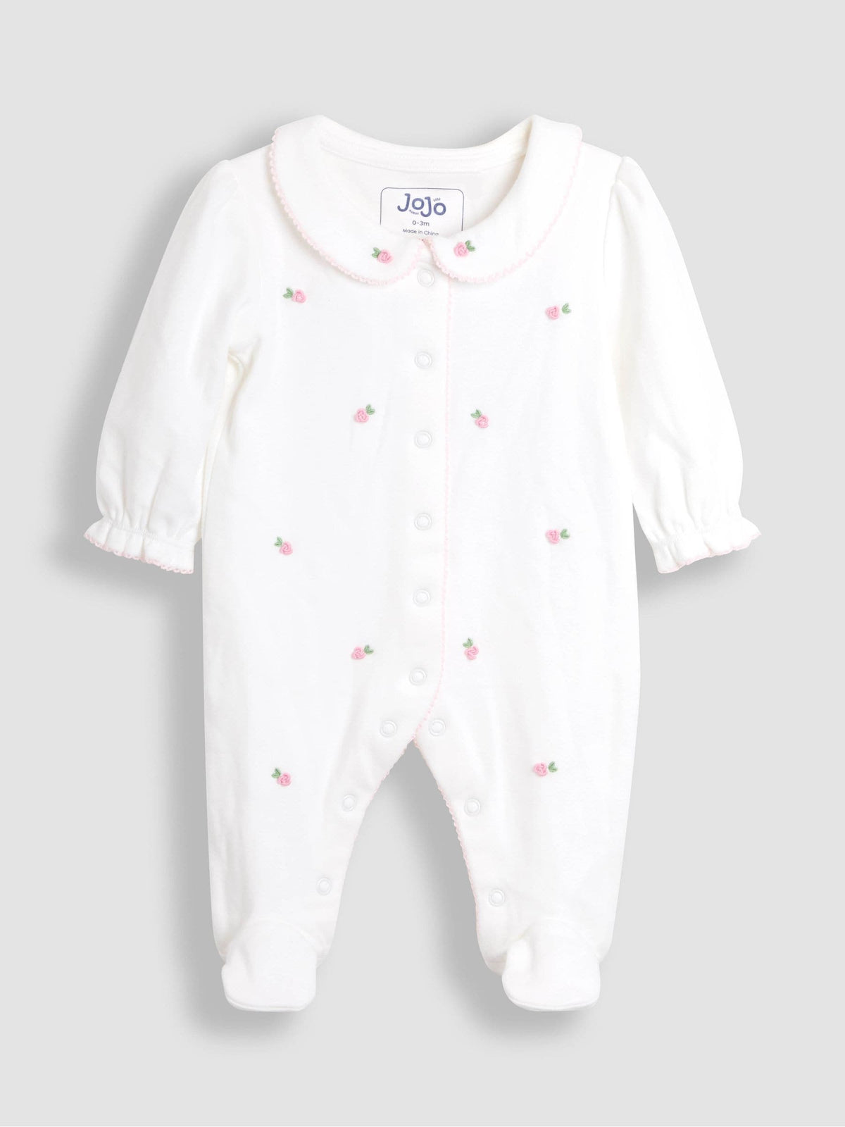 JoJo Maman Bébé Cream Cotton Collared 2-Piece Embroidered Sleepsuit and Hat Set