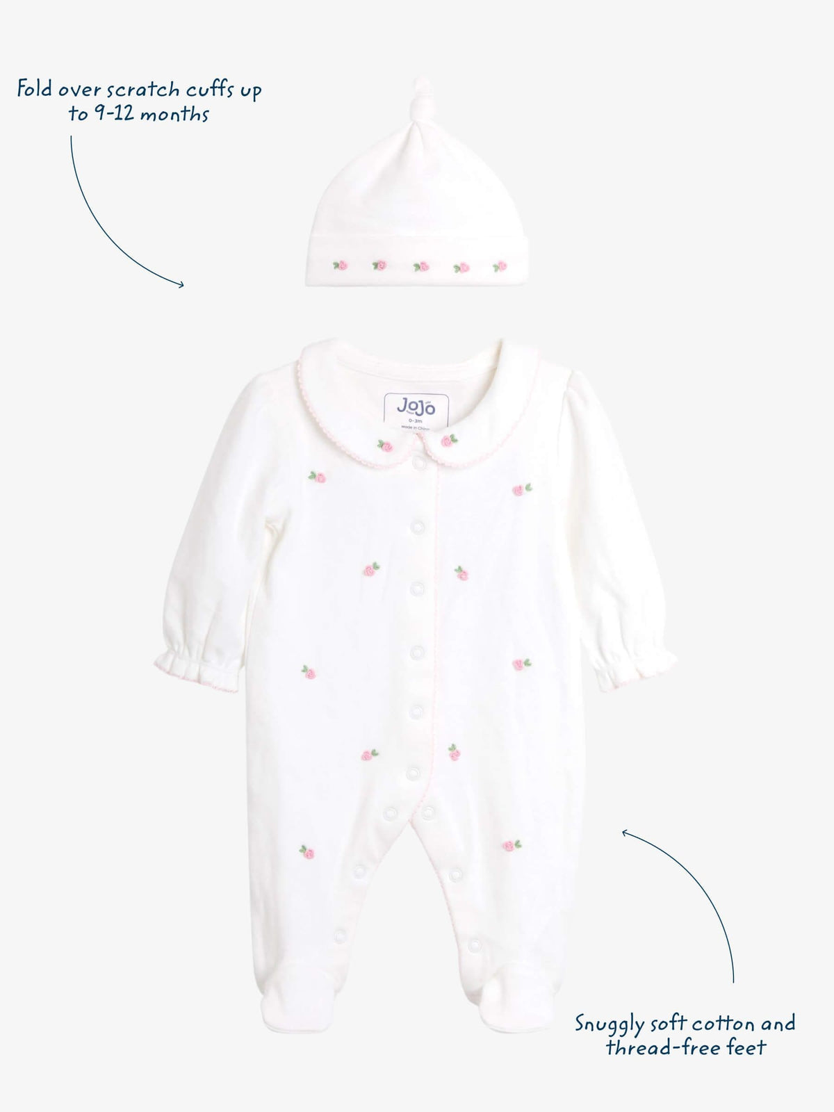 JoJo Maman Bébé Cream Cotton Collared 2-Piece Embroidered Sleepsuit and Hat Set