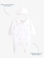 JoJo Maman Bébé Cream Cotton Collared 2-Piece Embroidered Sleepsuit and Hat Set
