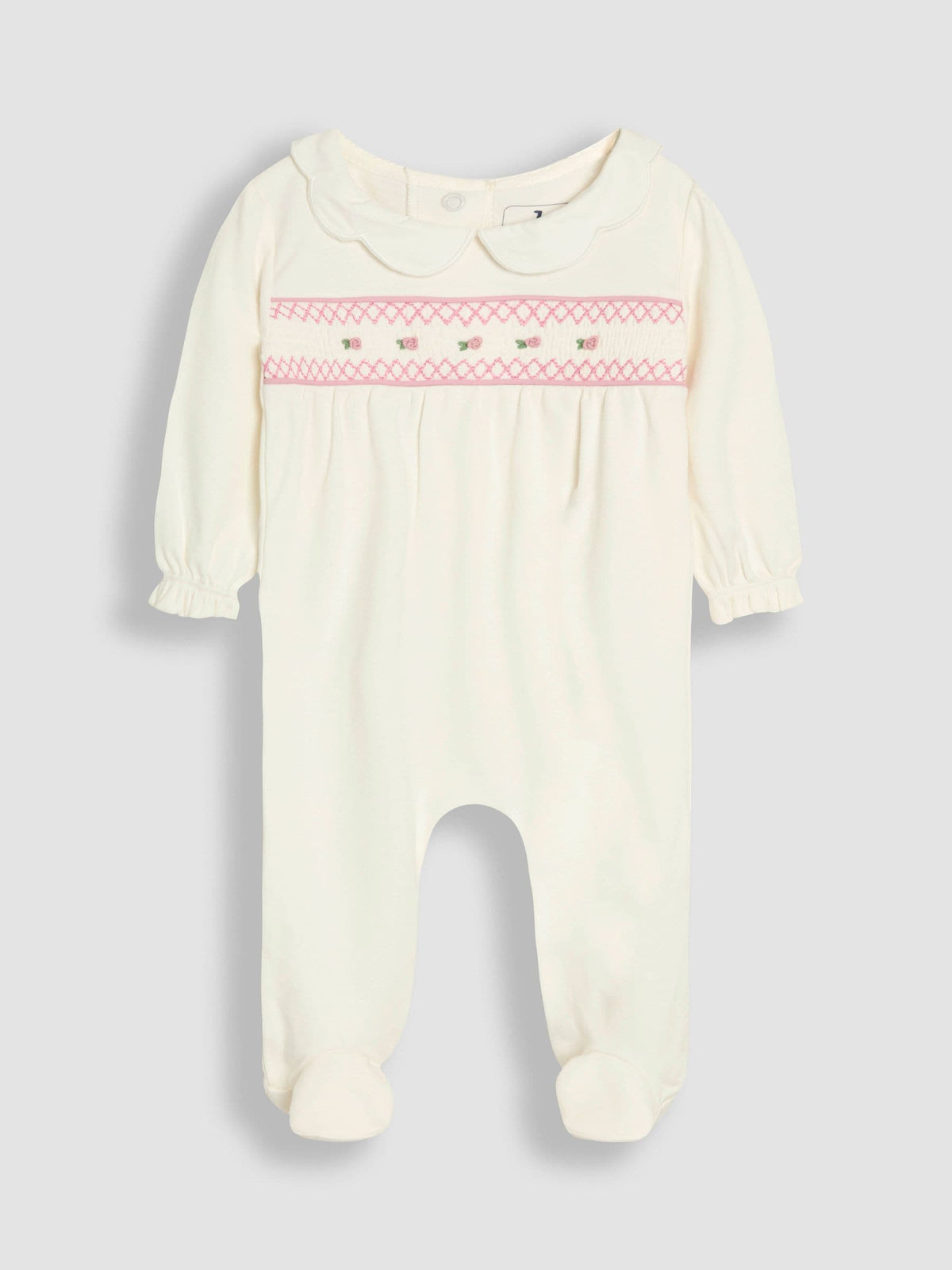 JoJo Maman Bébé Cream Cotton 2-Piece Smocked Sleepsuit and Hat Set