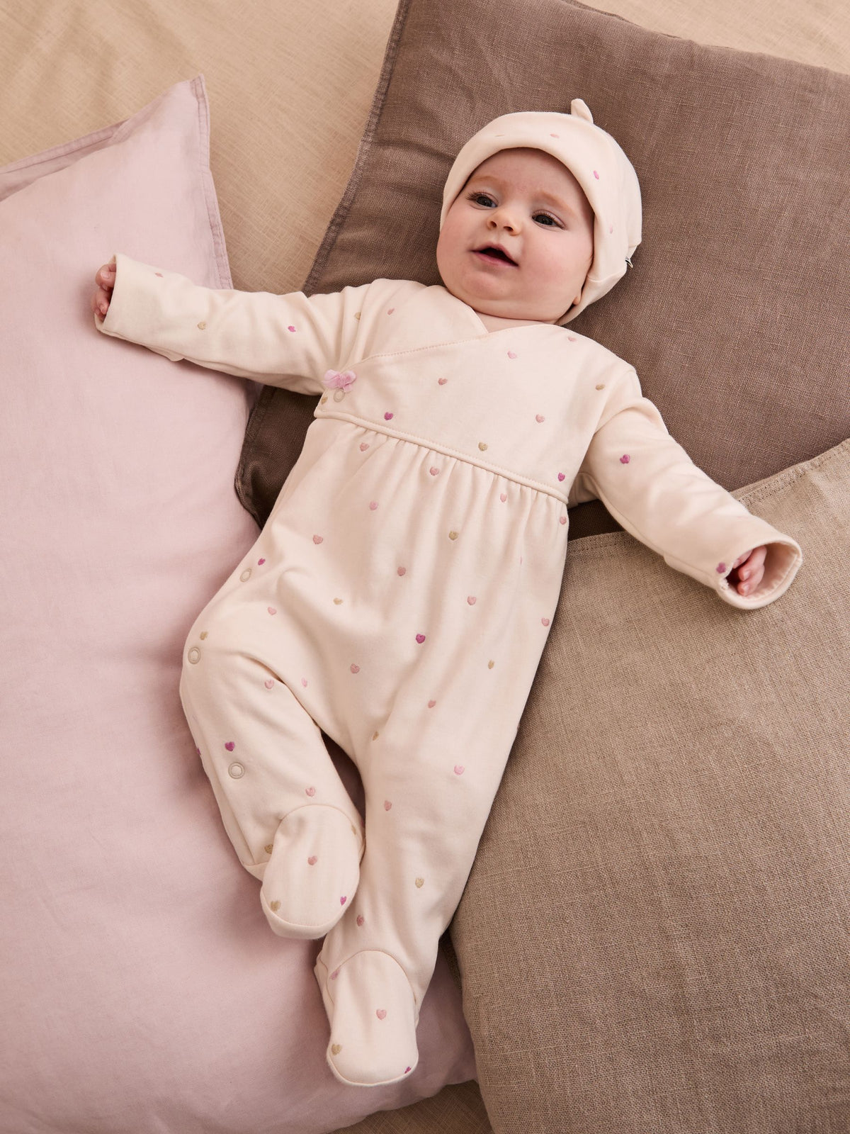 JoJo Maman Bébé Cream Heart Embroidered Cotton 2-Piece Sleepsuit and Hat Set