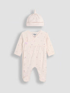 JoJo Maman Bébé Cream Heart Embroidered Cotton 2-Piece Sleepsuit and Hat Set