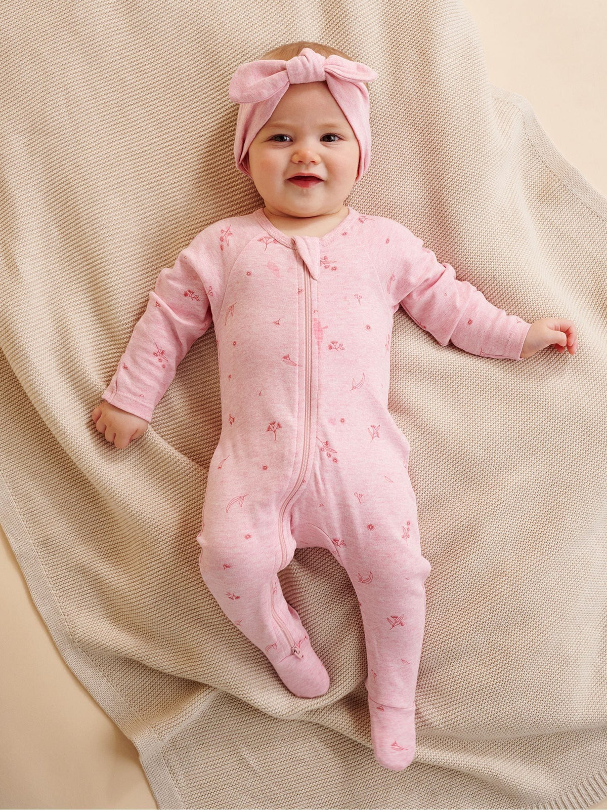 Purebaby Pink Zip 100% Cotton Sleepsuit & Headband Set