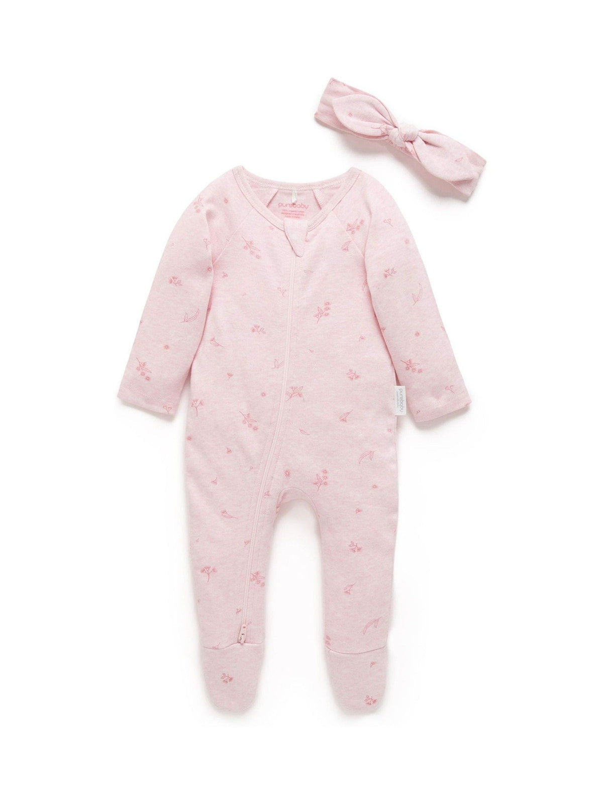 Purebaby Pink Zip 100% Cotton Sleepsuit & Headband Set