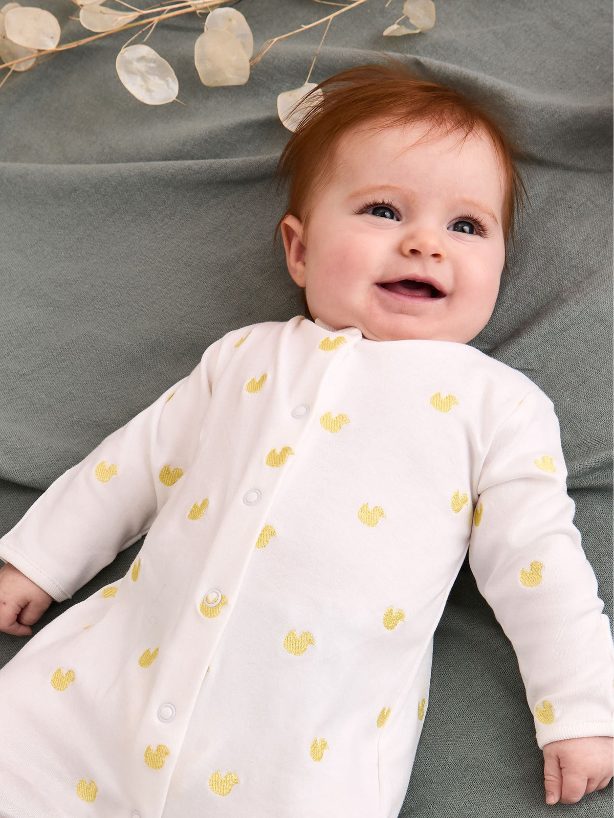 JoJo Maman Bébé Yellow Duck Cotton Duck Embroidered Sleepsuit