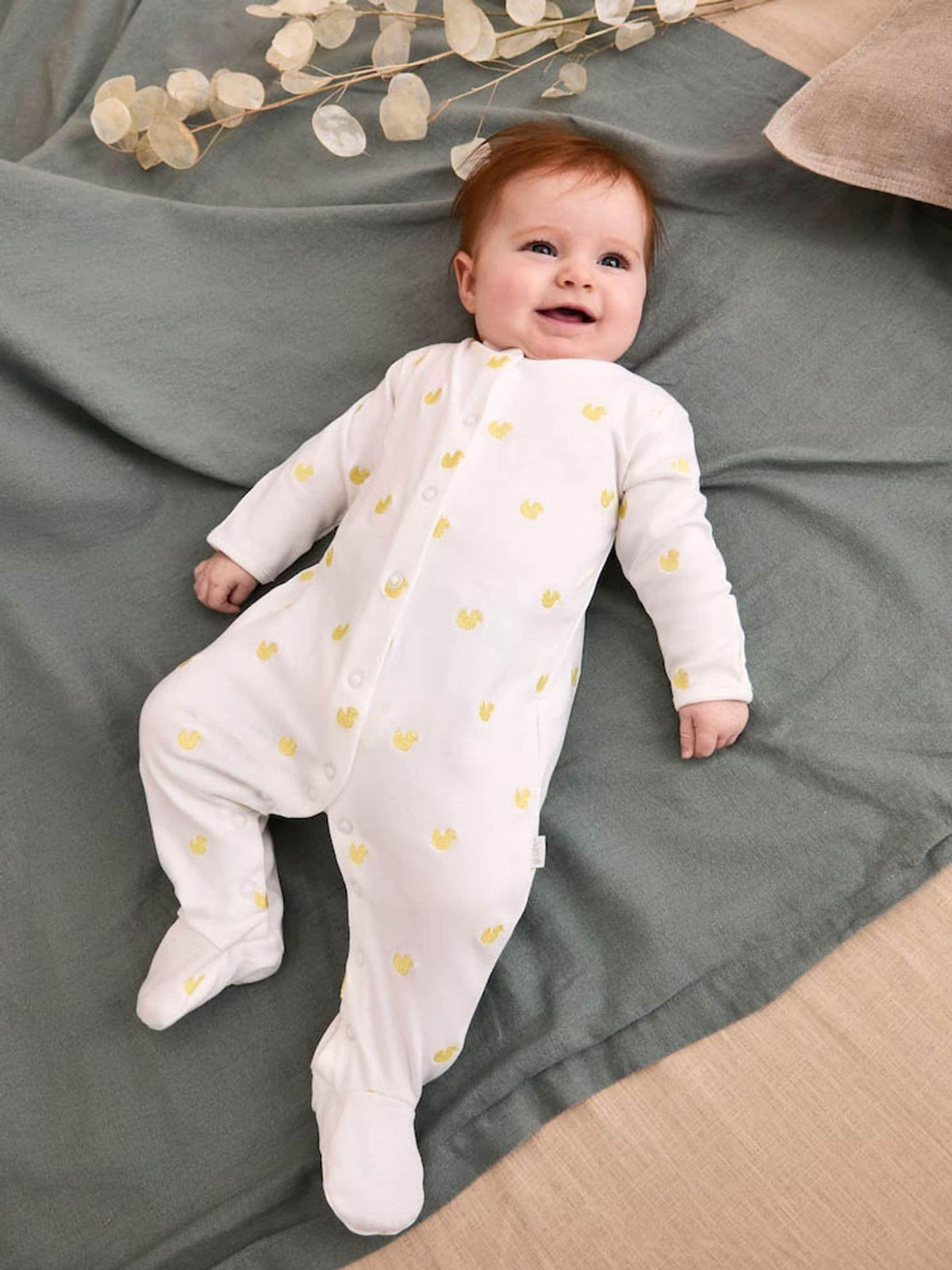 JoJo Maman Bébé Yellow Duck Cotton Duck Embroidered Sleepsuit