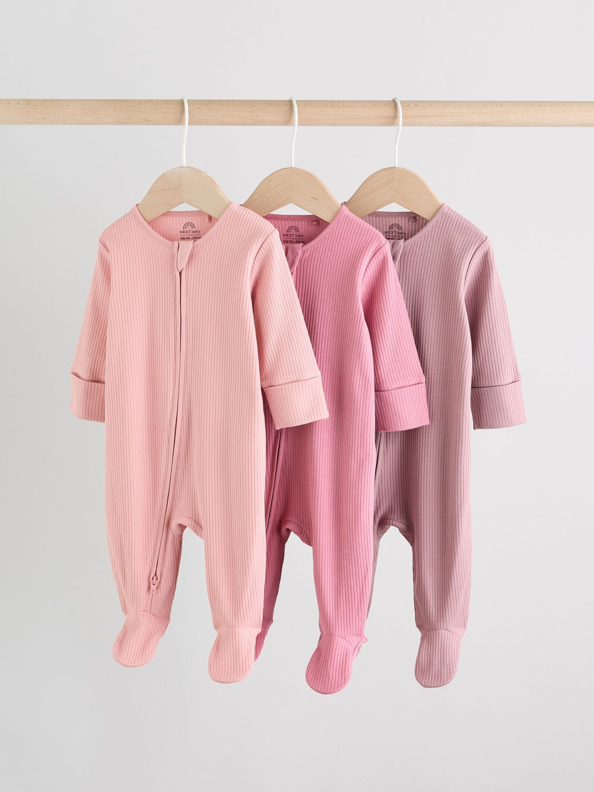 Pink 3 Pack Two Way Zip Baby Sleepsuits (0-2yrs)