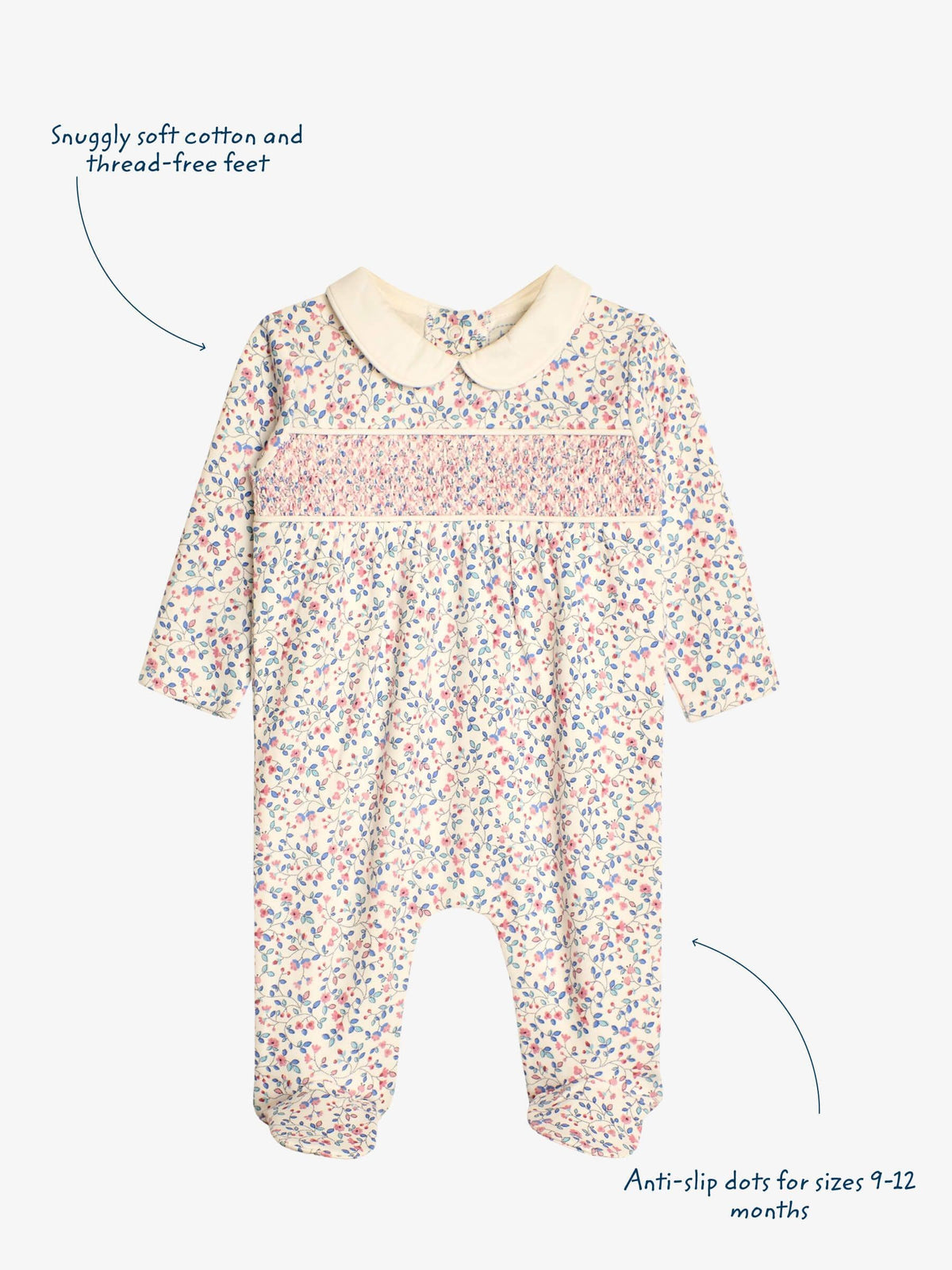 JoJo Maman Bébé Cream Pretty Smocked Sleepsuit
