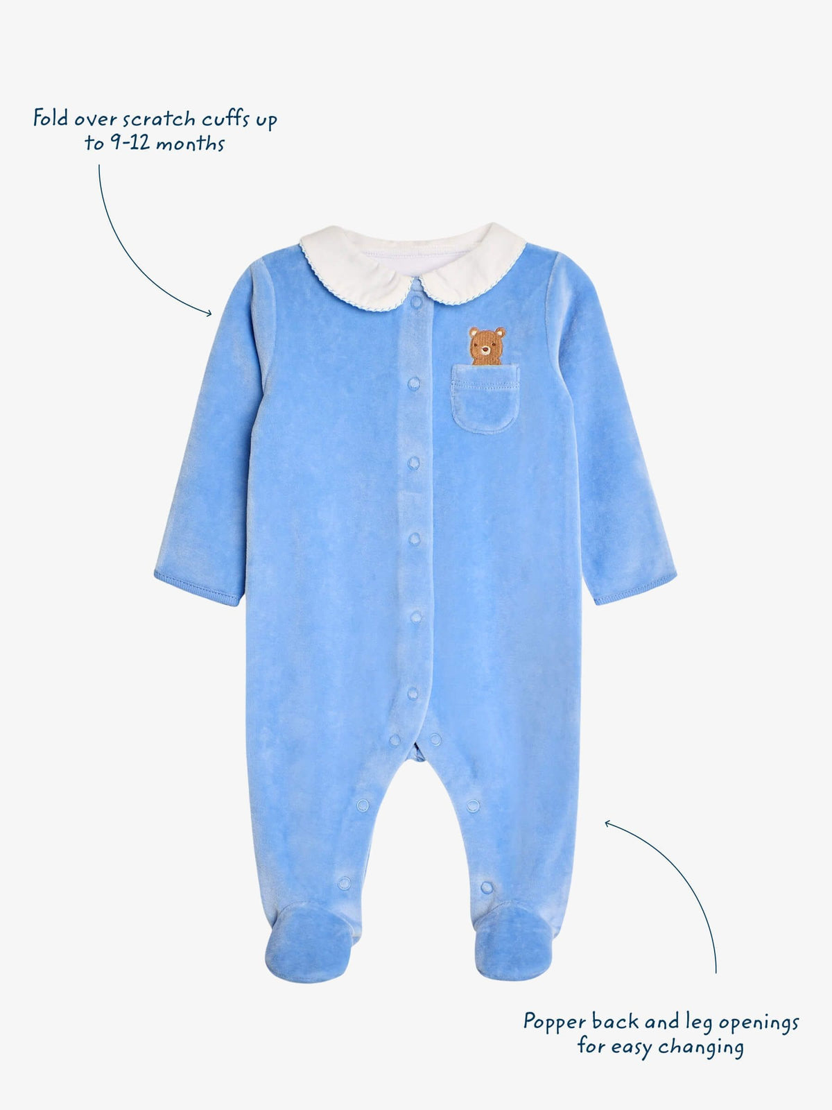 JoJo Maman Bébé Blue Bear Heart Appliqué Velour All-In-One