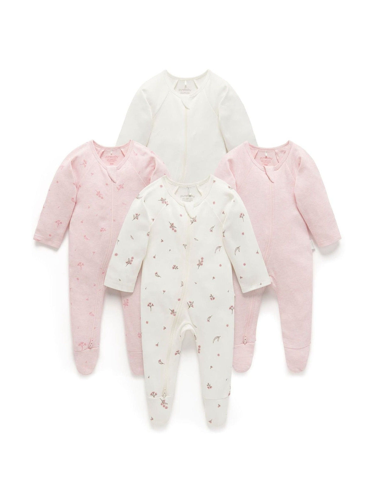 Purebaby Pink Zip Sleepsuits 4 Pack