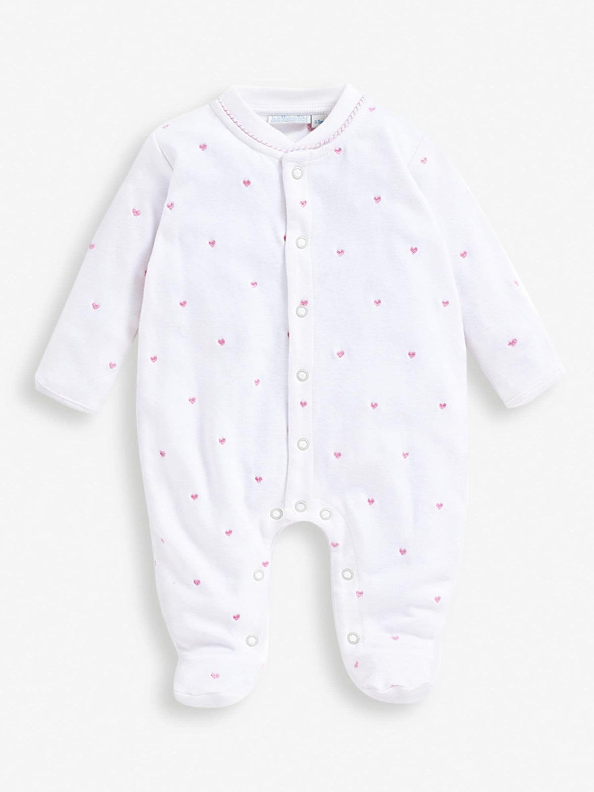 JoJo Maman Bébé Pink Heart Embroidered Cotton Baby Sleepsuit