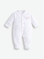 JoJo Maman Bébé Pink Heart Embroidered Cotton Baby Sleepsuit