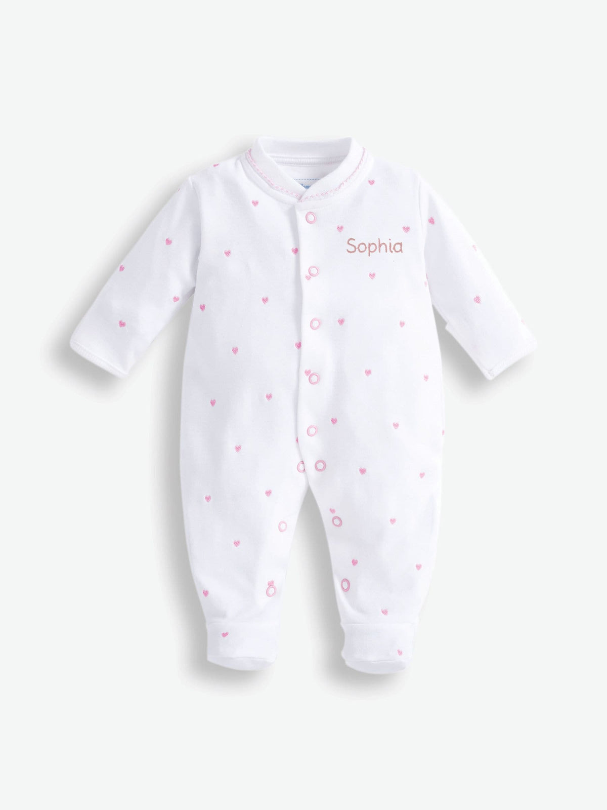 JoJo Maman Bébé Pink Heart Embroidered Cotton Baby Sleepsuit